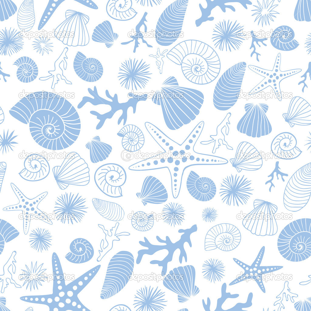 Starfishes , corals, sea urchins  and seashells  hand drawn vector seamless pattern  in white and light blue tones