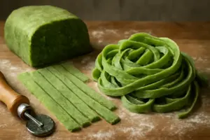 Tagliatelle verdi tradizionali: il dettaglio nell’impasto che dona colore e gusto intensi
